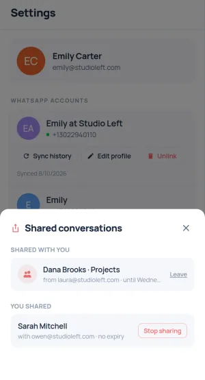 The Shared tab: pending invitations, shared conversations and the terms of each grant